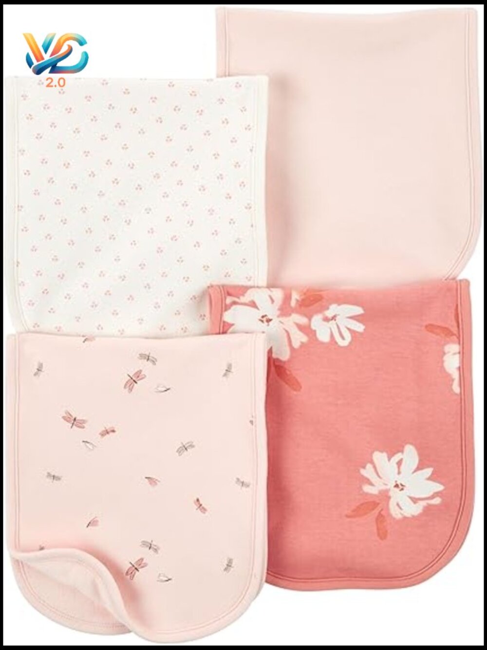 4 Pack Cotton Burp Cloths with Floral & Dragonfly Prints Highly Absorbent